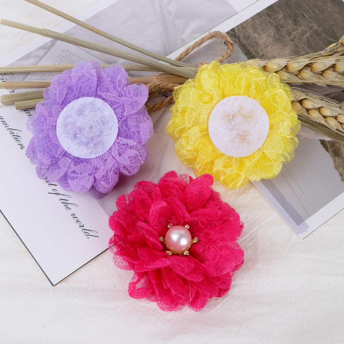 Lace Mesh Fabric Flower with Pearl Center - Beige 5CM