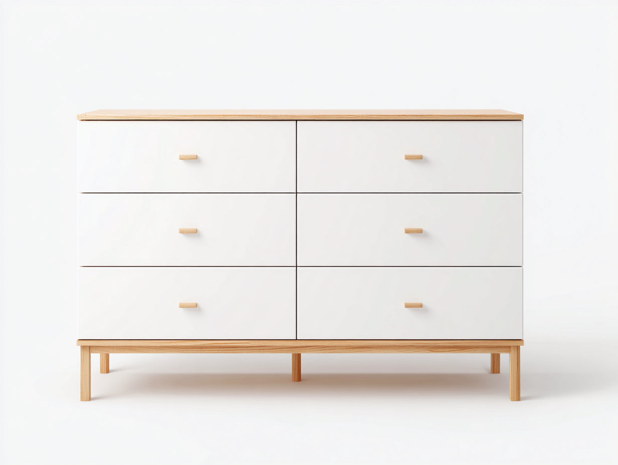 Cómoda de madera con 6 cajones 150x45x75 cm - Blanco-Madera - Diseño nórdico para dormitorio
