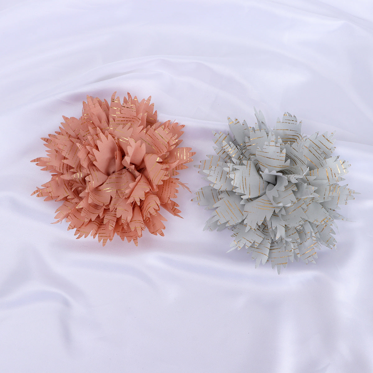 Metallic Striped Ruffled Fabric Flower Applique - Pink 11CM