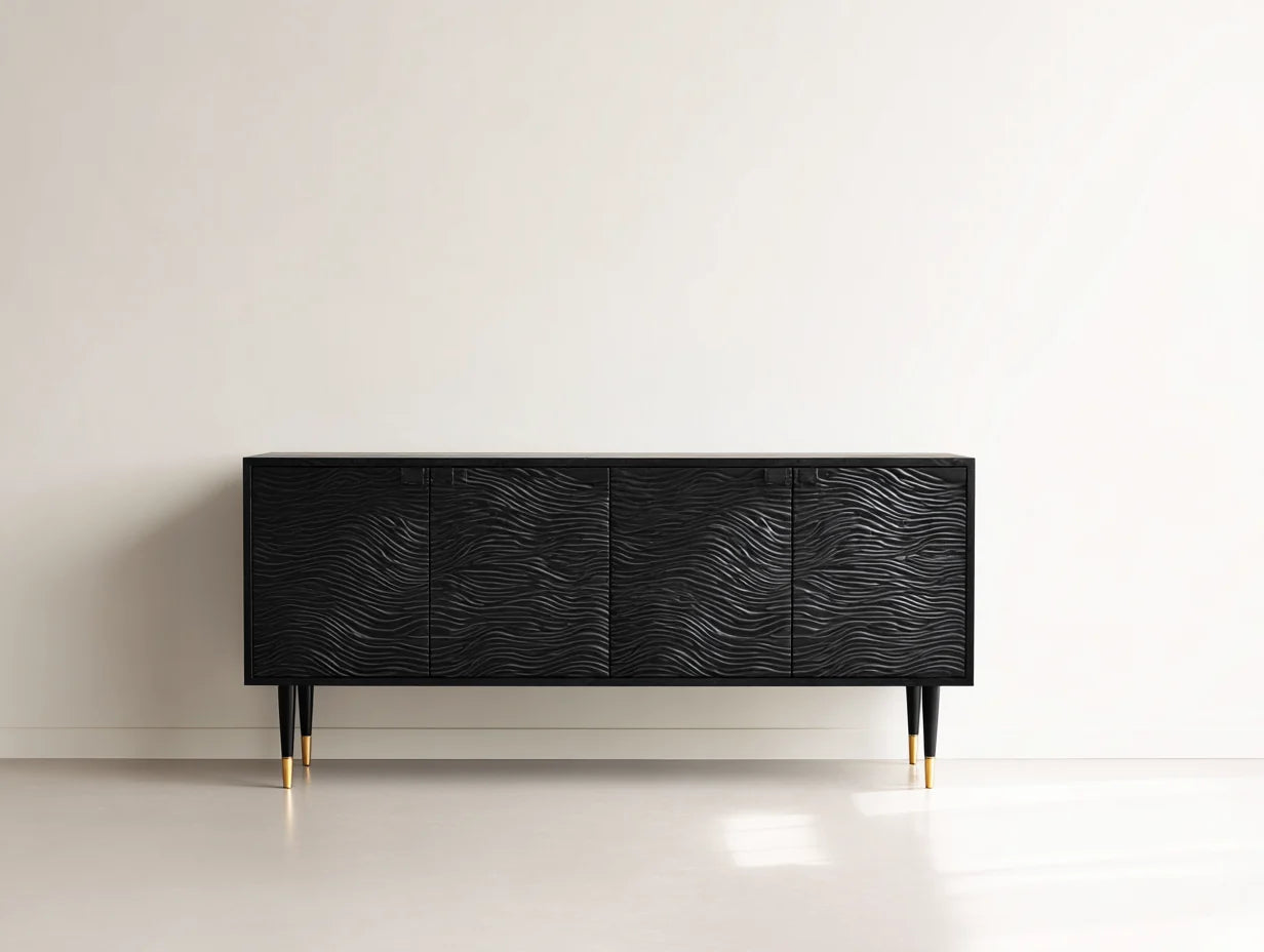 Mueble recibidor de madera con 4 puertas 180x40x75 cm - Negro - Diseño moderno texturizado