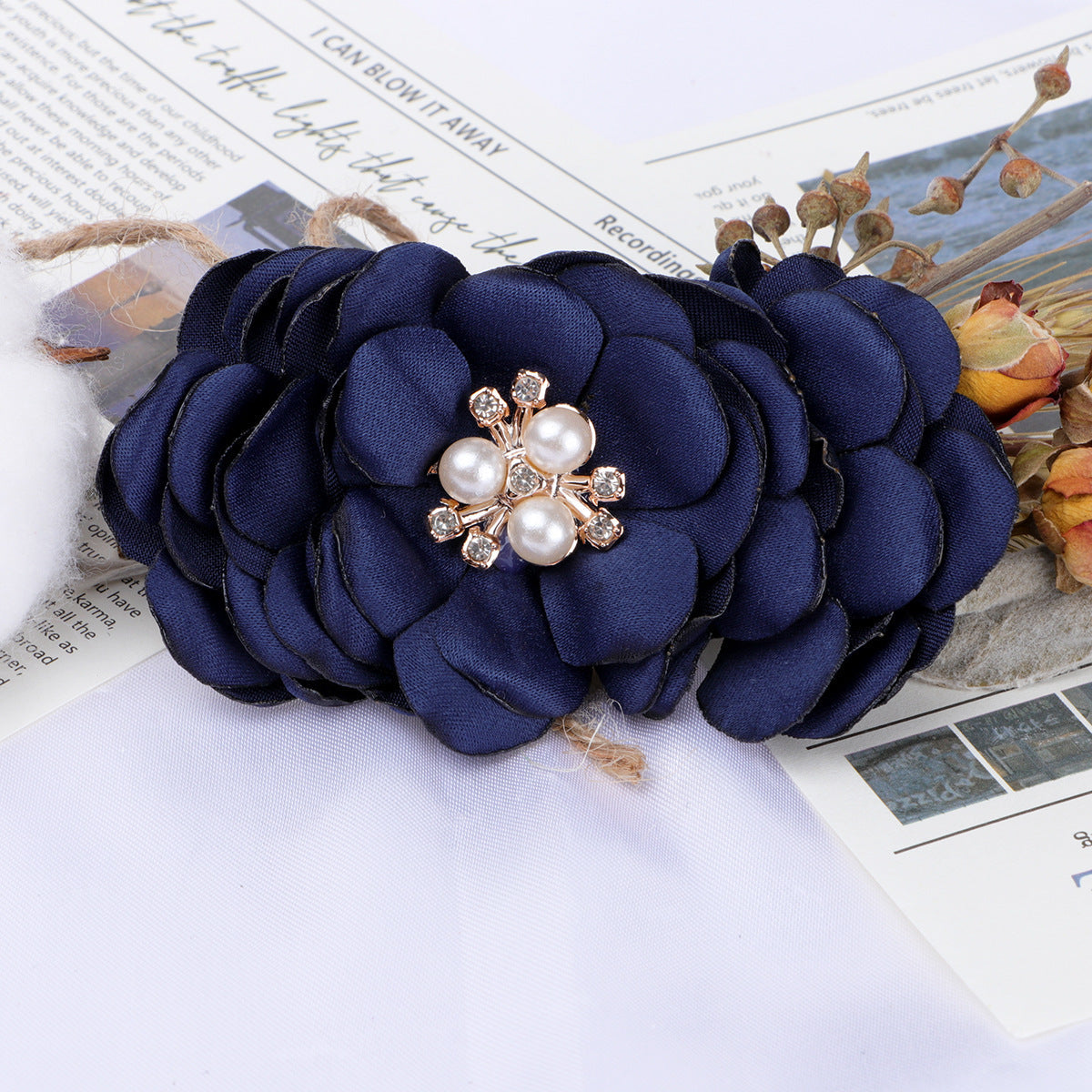 Layered Fabric Flower with Pearl Brooch Center - Product Detail Photo 3
