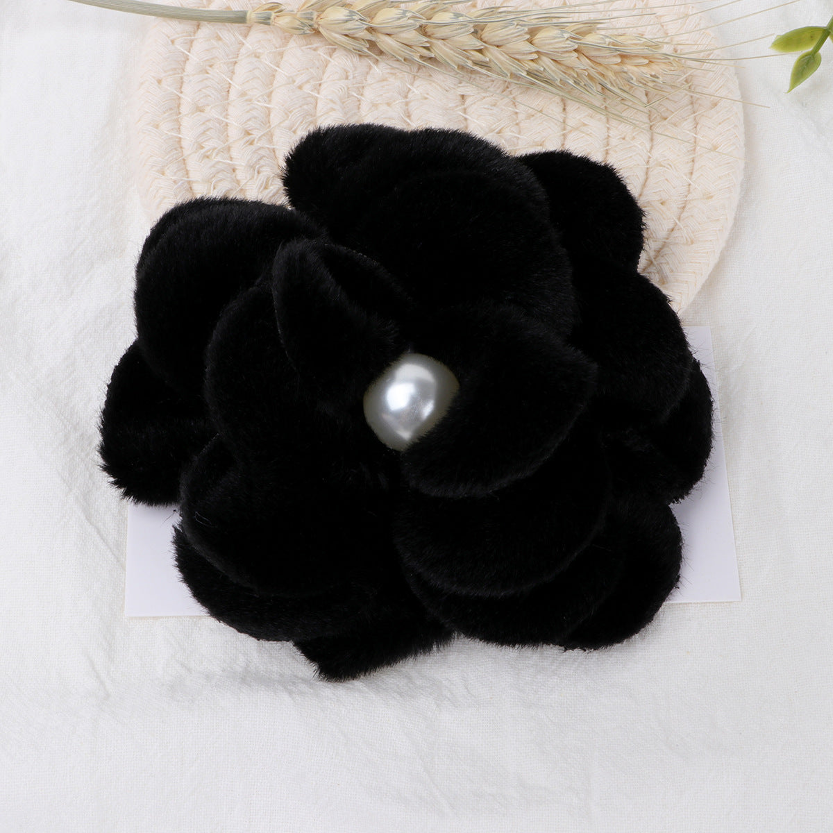 Plush Velvet Camellia Fabric Flower with Pearl - Product Detail Photo 3