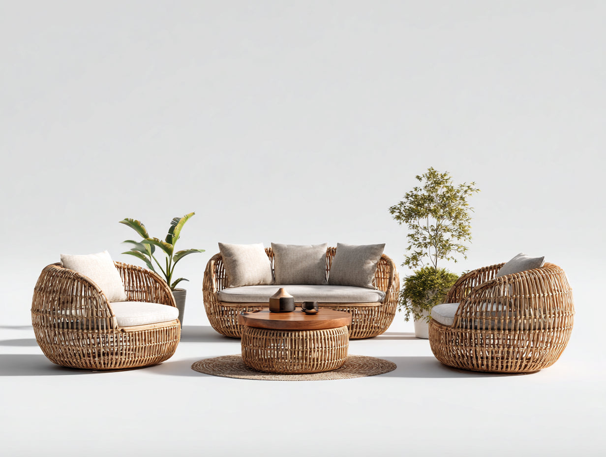 Sofás de exterior de ratán natural 200x80x85 cm - conjunto con mesa y sillones - diseño moderno para jardín