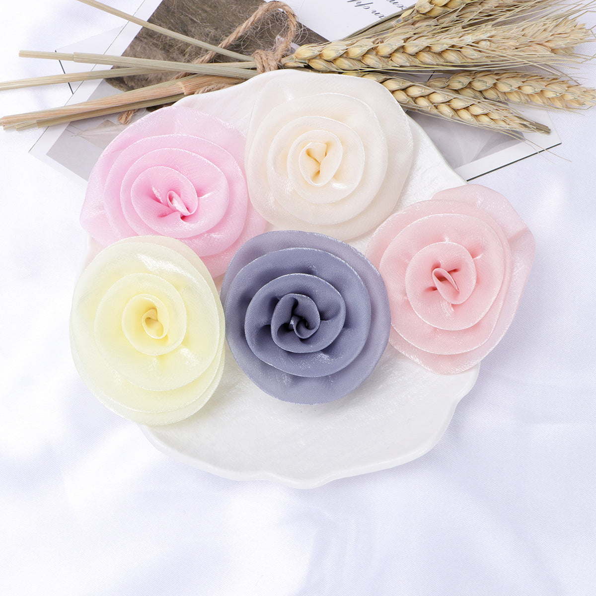 Glossy Rolled Rose Fabric Flower Applique - White 5CM