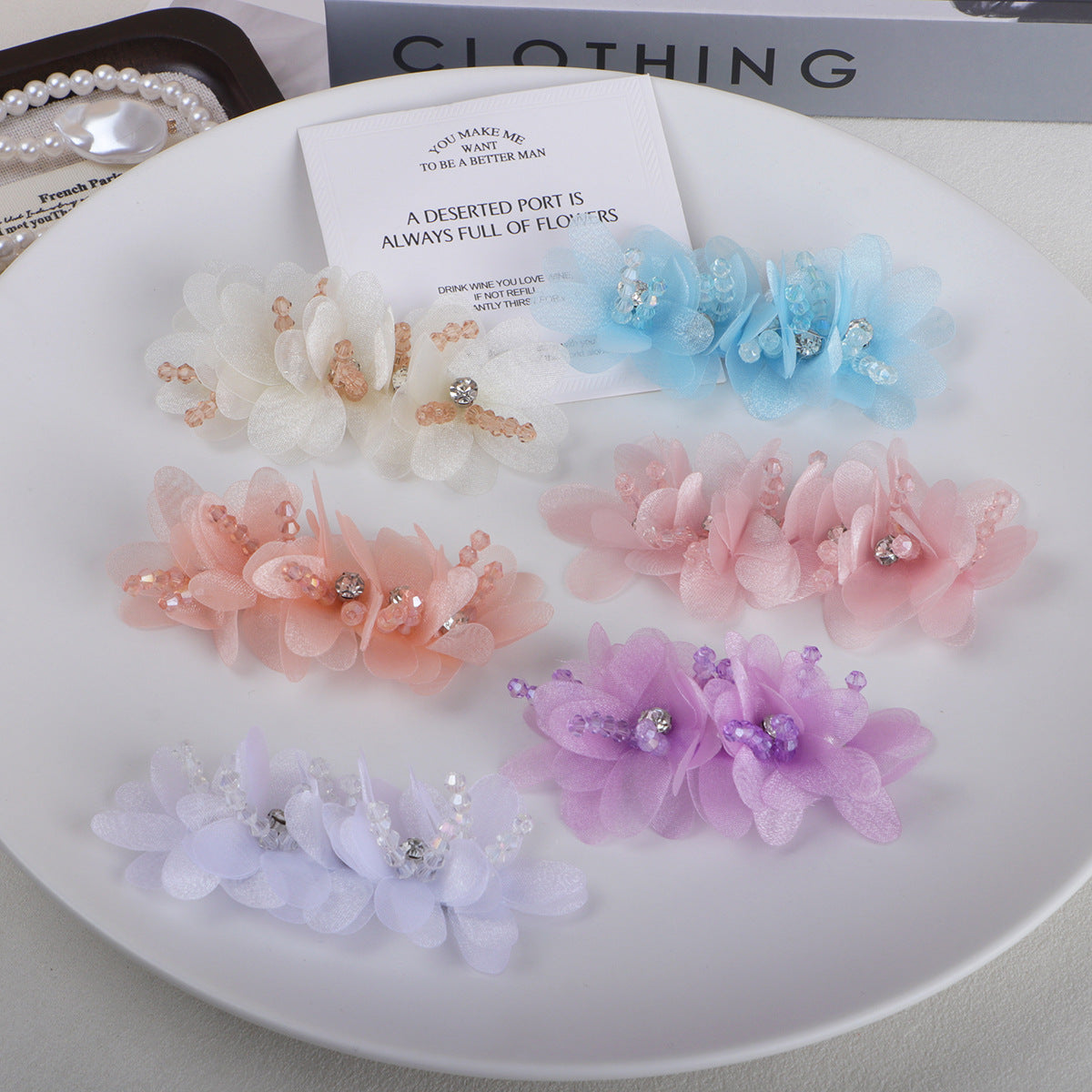 Beaded Organza Fabric Flower Hair Accent - Blue 9.5CM