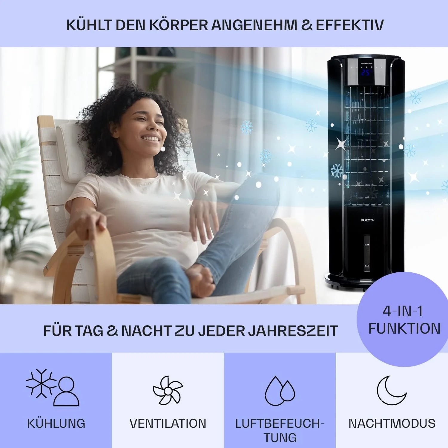 Klarstein Luftkühler mit Wasserkühlung, 4-in-1 Raumkühler, Luftbefeuchter, Ventilator & Nachtmodus, Mobile Klimageräte Luftkühler mit 3,5L Tank & Timer, 60W Air Cooler mit 486 m³/h Luftstrom