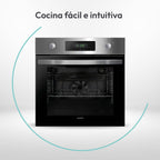 Candy FIDCP X625 L, Horno Multifunción, 70L, Bandeja y Rejilla, Limpieza Aquactiva, Convección + Ventilador radial, 8 Funciones, Display Timer Touch, Mandos Push&Pull, Puerta 2 Cristales, Inox y Negro