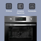 Candy FIDCP X625 L, Horno Multifunción, 70L, Bandeja y Rejilla, Limpieza Aquactiva, Convección + Ventilador radial, 8 Funciones, Display Timer Touch, Mandos Push&Pull, Puerta 2 Cristales, Inox y Negro