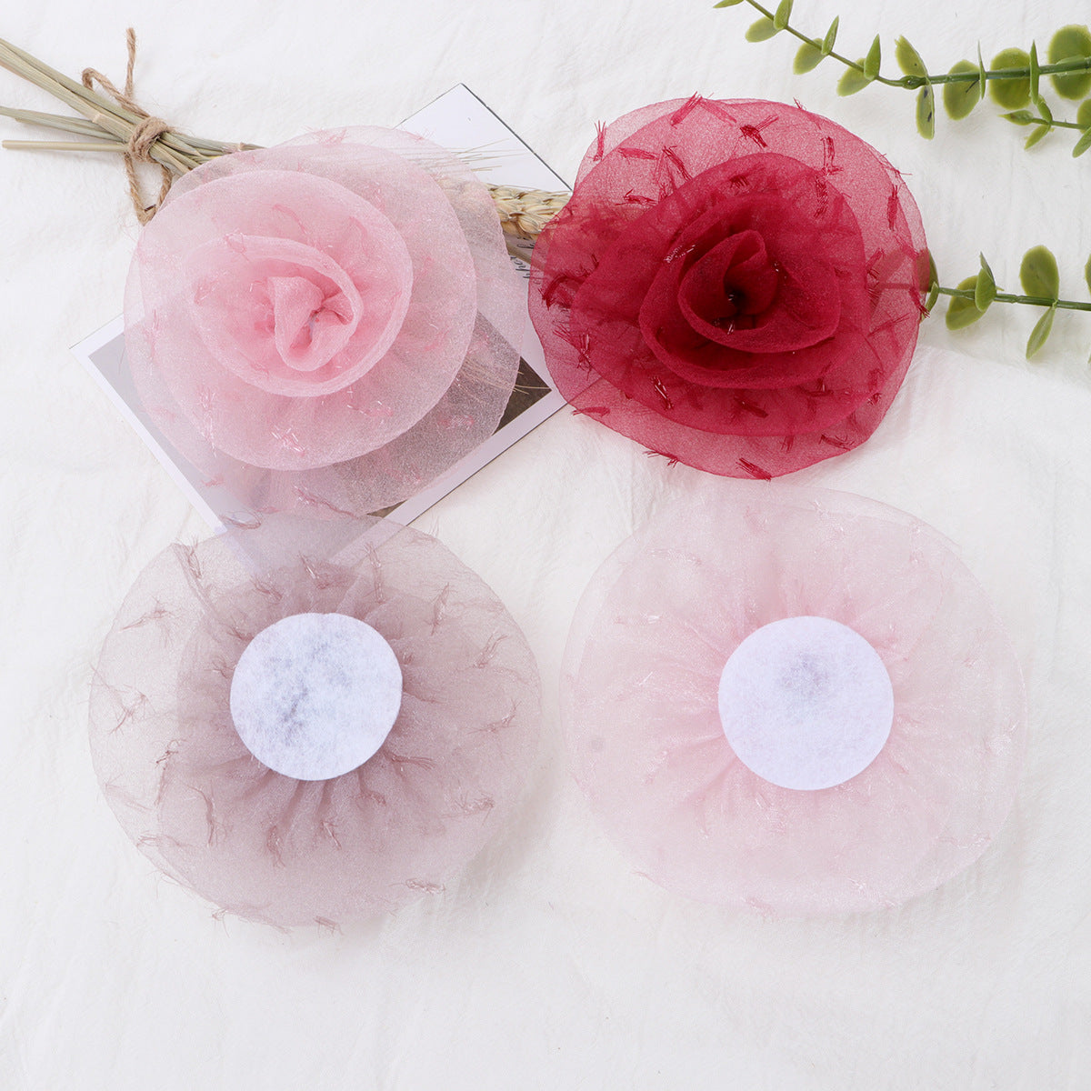 Organza Rolled Rose Fabric Flower Applique - Pink 11CM