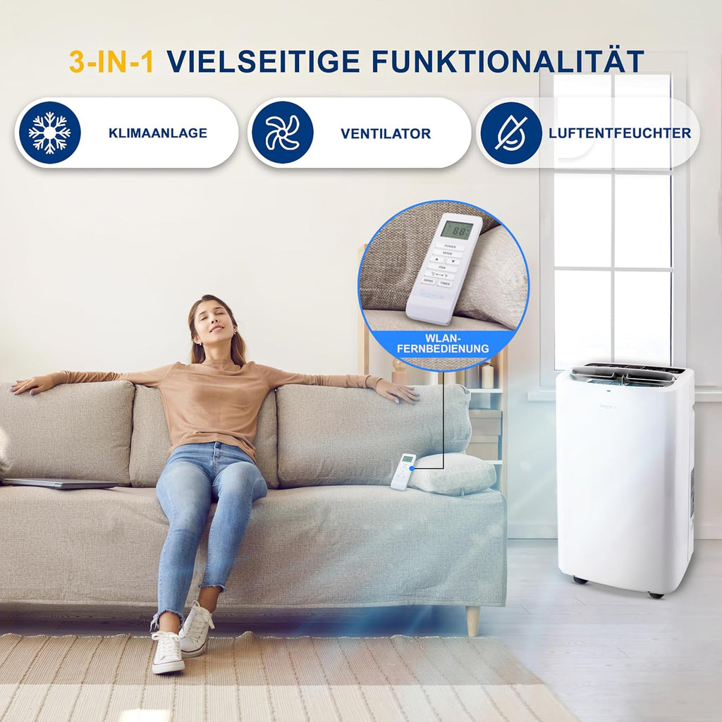 SereneLife Mini Klimaanlage mobil, 3-in-1 mobiles Klimagerät mit Abluftschlauch – Luftkühler, Luftentfeuchter & Ventilator, Air conditioner – 9.000 BTU, 1,5L Feuchtigkeit/Stunde, kühlt Räume bis 42 m2