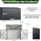 GOPLUS 1,9 m³ Caseta de Jardín de Acero Galvanizado, 193 x 86 x 127 cm, Cobertizo Exterior con Doble Puerta con Cerraduras, Palanca Hidráulica, Casa para Herramientas, Bicicletas, Cubos de Basura