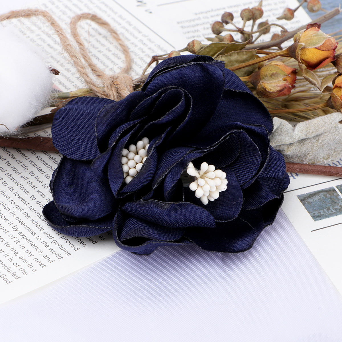 Satin Rose Fabric Flower with Stamen Center - Product Detail Photo 3
