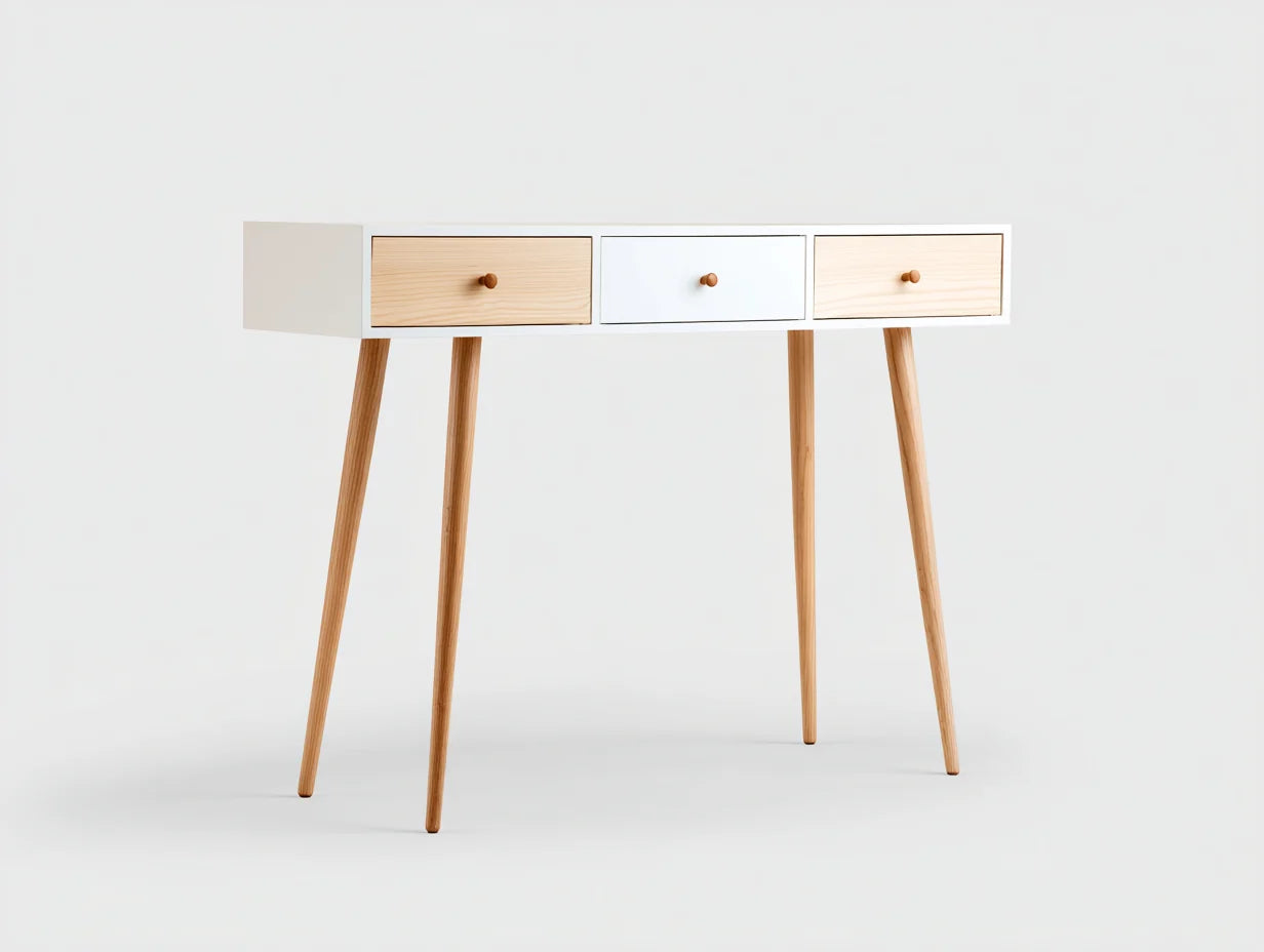 Mesas de oficina con 3 cajones MDF y madera 100x40x78 cm - Blanco-Natural - Diseño nórdico moderno