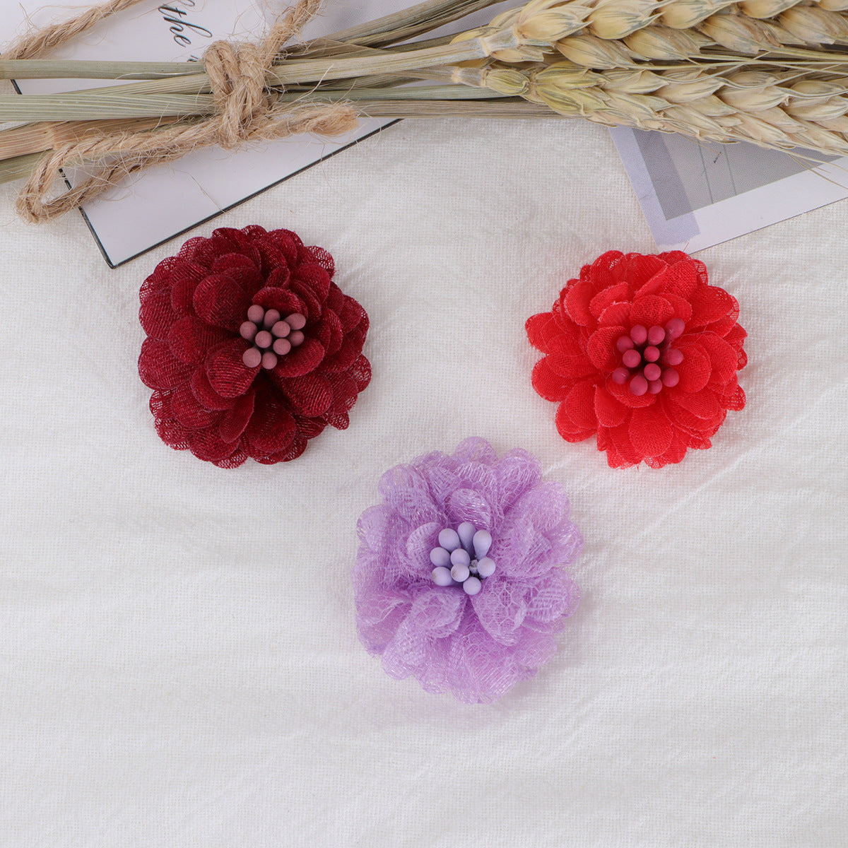 Mini Lace Mesh Fabric Flower with Bead Center - Lotus Root Pink 4cm
