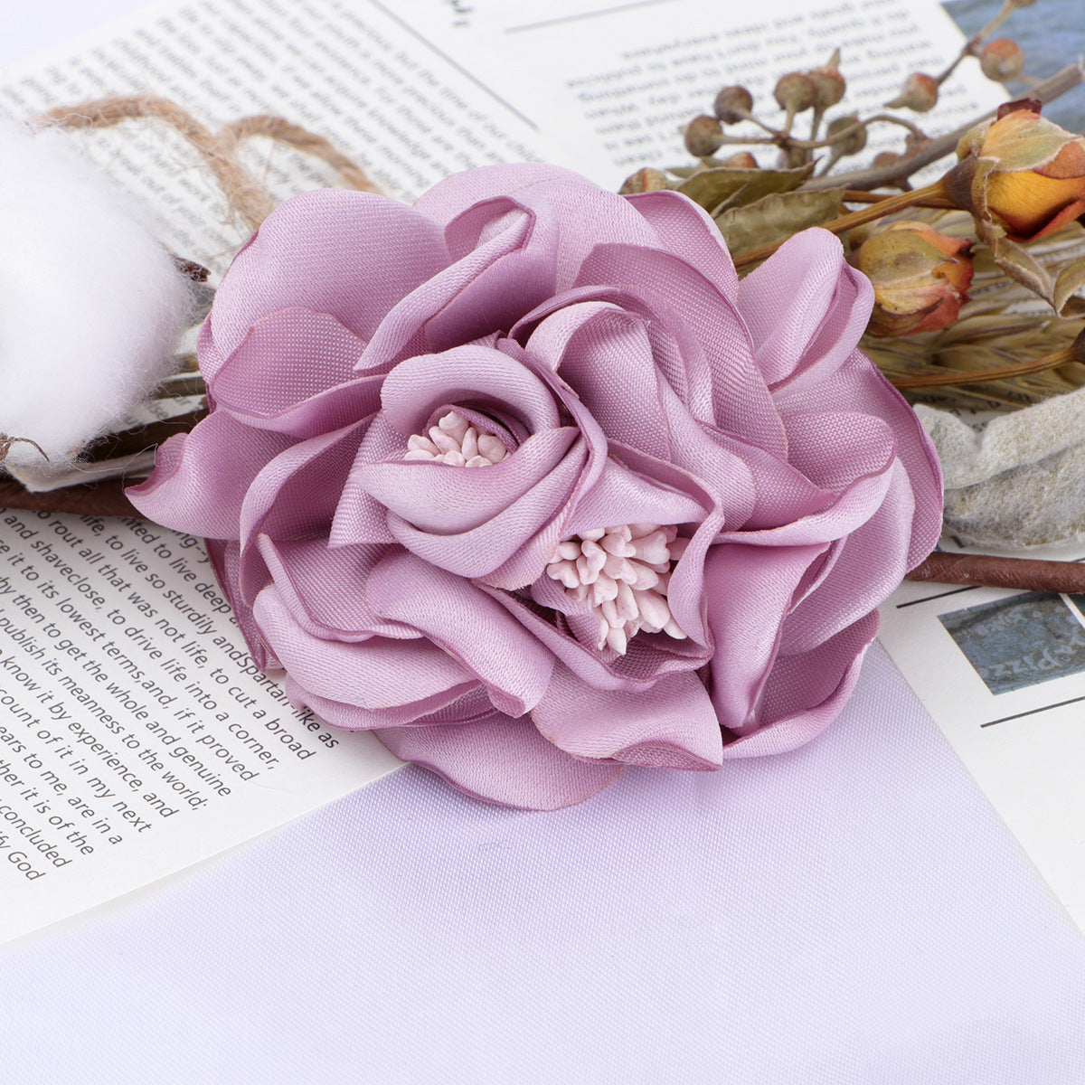Satin Rose Fabric Flower with Stamen Center - Wine Red 7CM