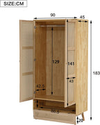 Soweiz Armario con barra, armario de 2 puertas, dormitorio, red de ratán, sala de estar, con tapa inferior abatible, tableros de partículas+ratán de polietileno, natural