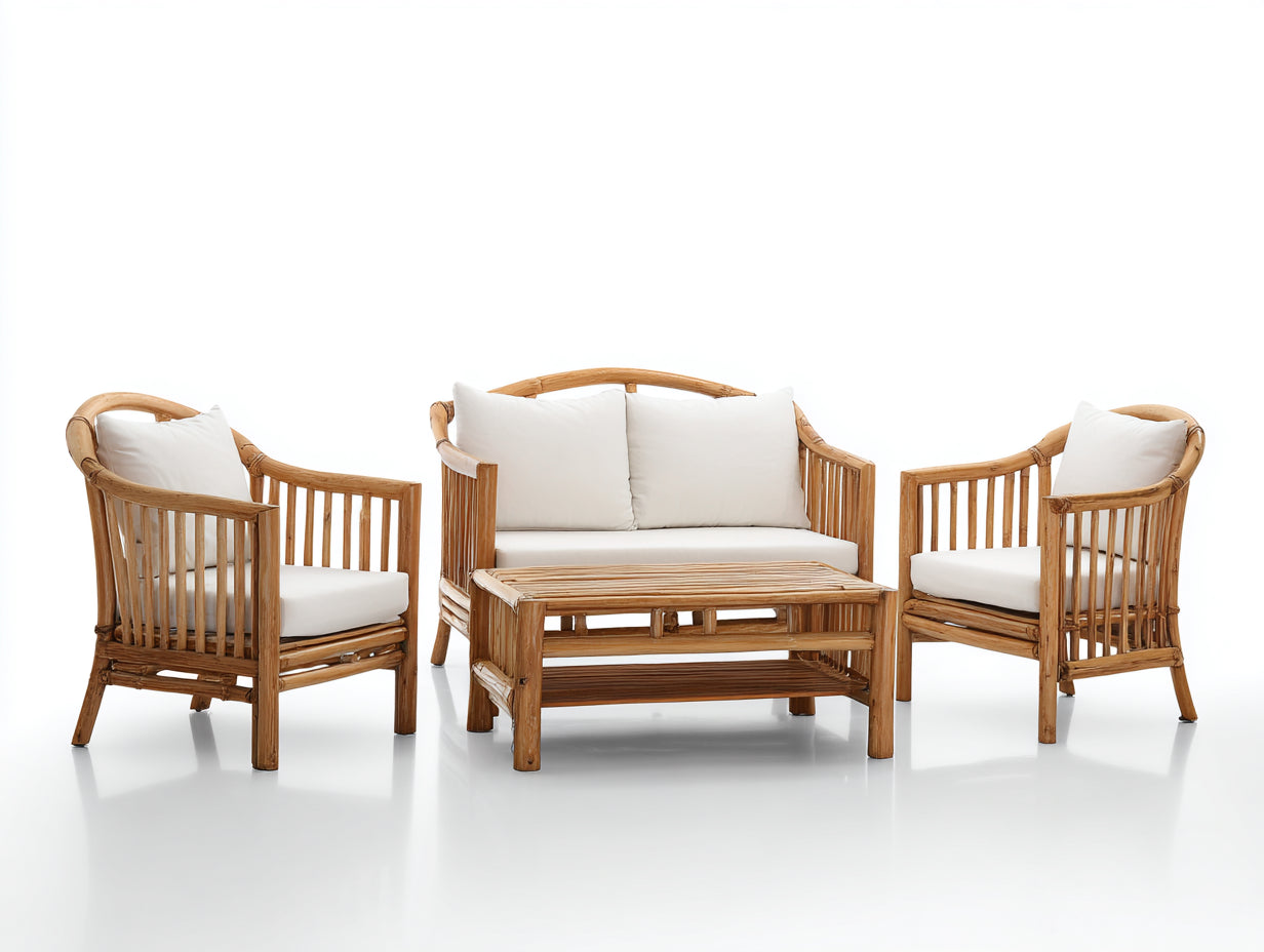 Sofás de exterior 4 piezas 140x70x75 cm madera maciza con cojines beige conjunto jardín diseño natural