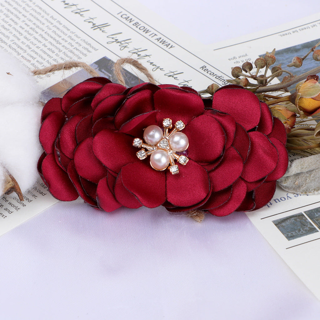 Layered Fabric Flower with Pearl Brooch Center - Product Detail Photo 2
