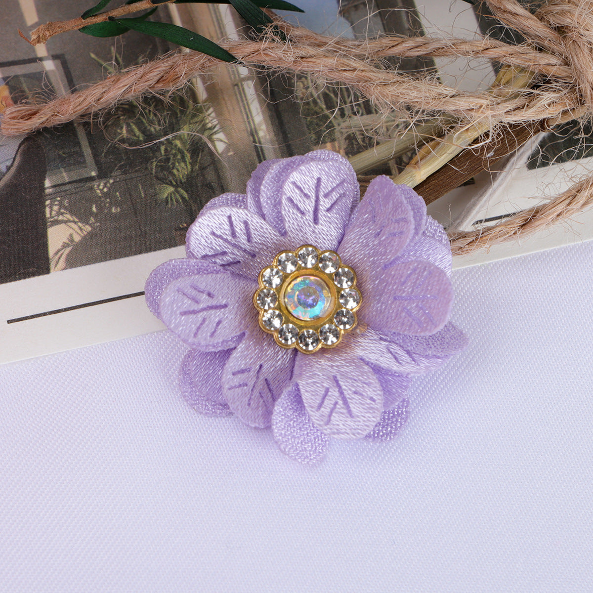 Leaf Petal Fabric Flower with Rhinestone Center - Product Detail Photo 3