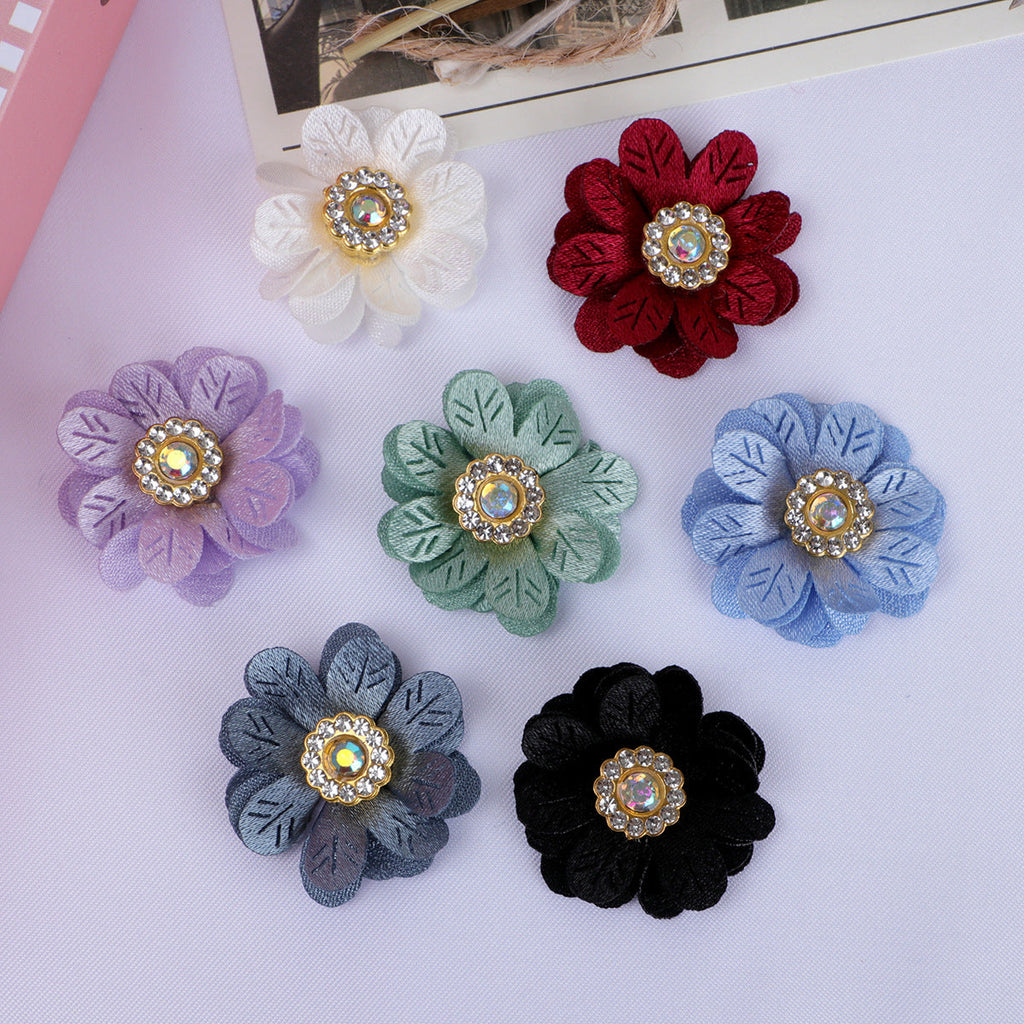 Leaf Petal Fabric Flower with Rhinestone Center - Black 3cm