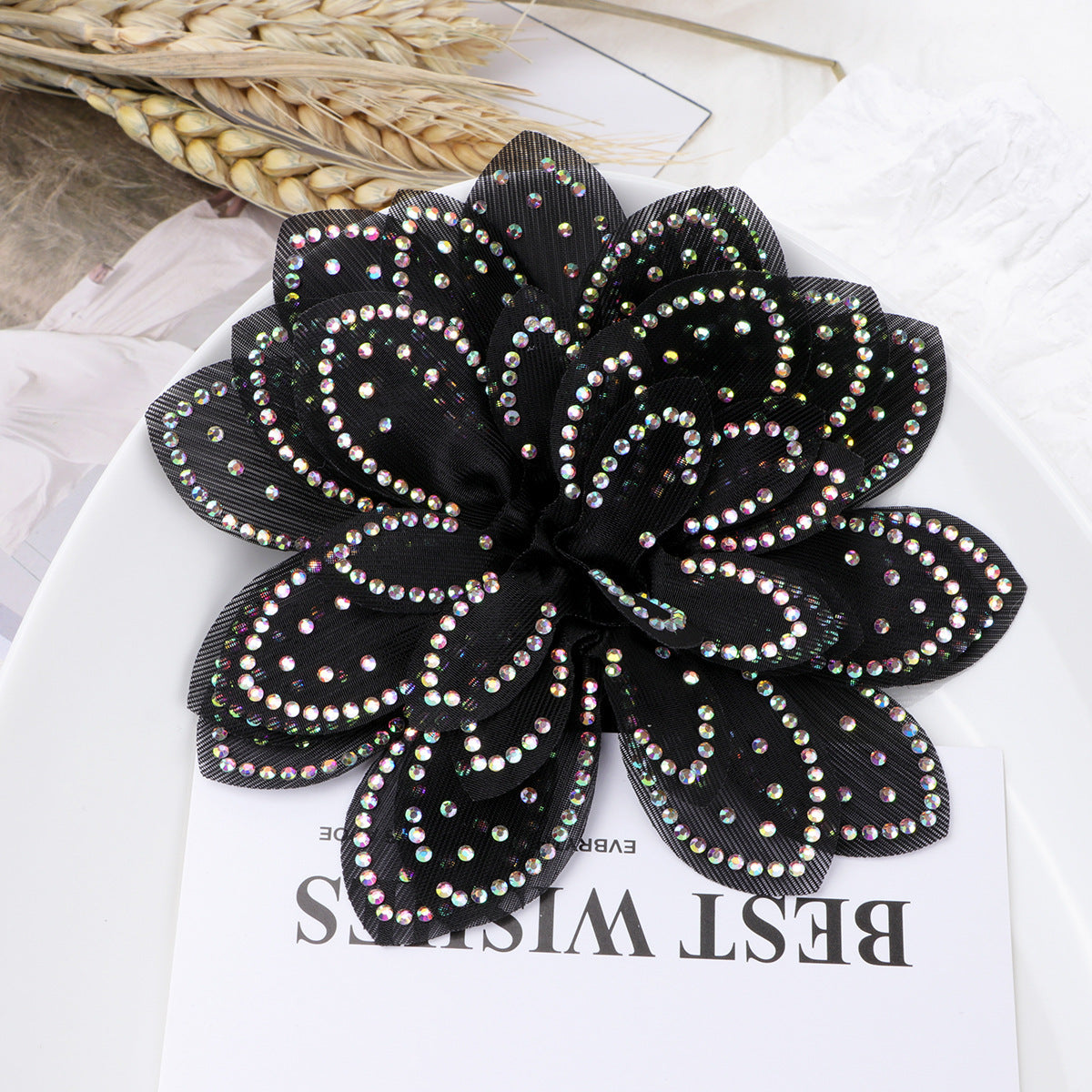 Sparkly Rhinestone Camellia Fabric Flower Applique - Product Detail Photo 4