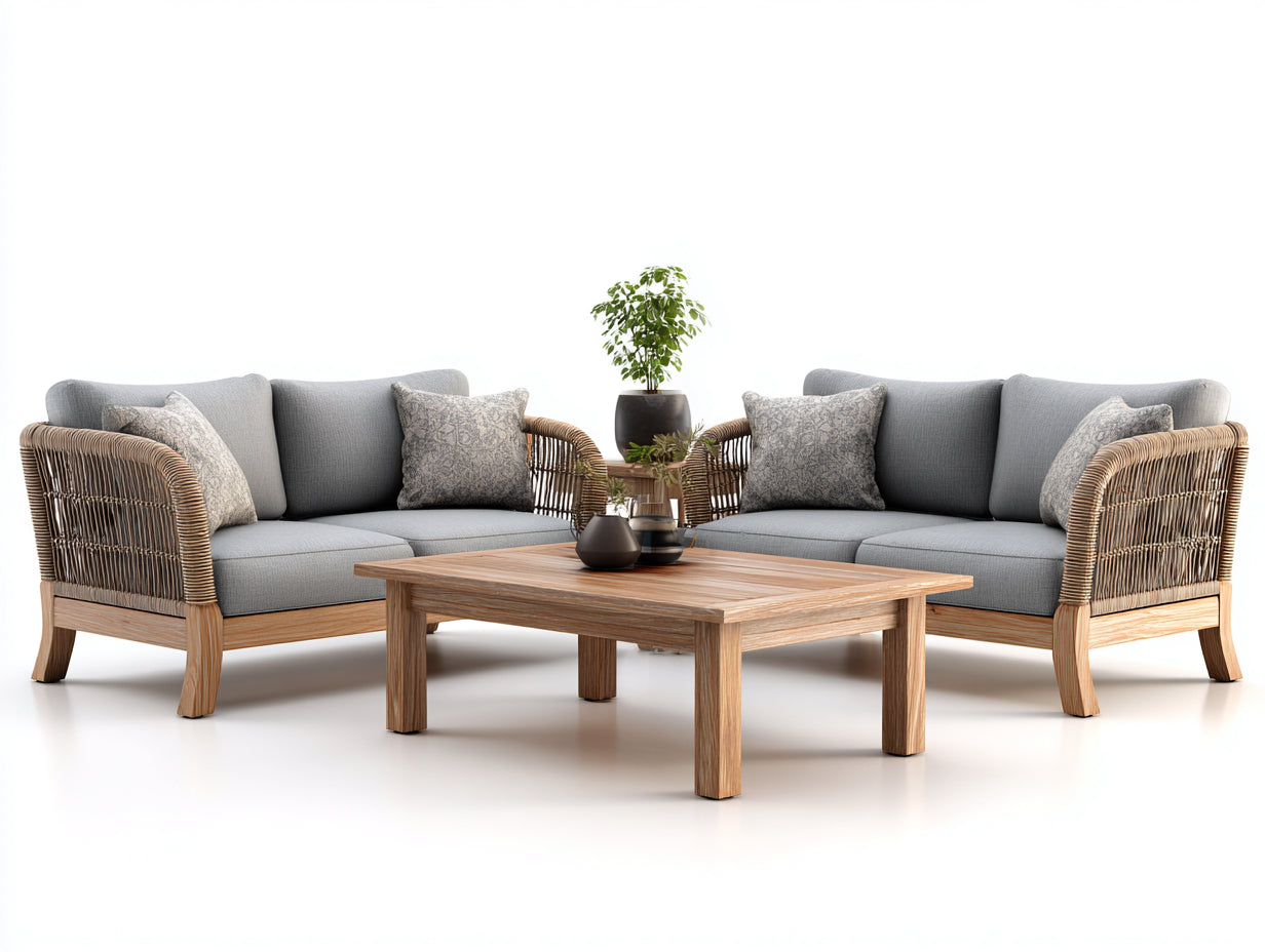 Sofás de jardín de ratán con mesa de madera 180x80x75 cm gris-marrón para exterior - conjunto de salón para jardín