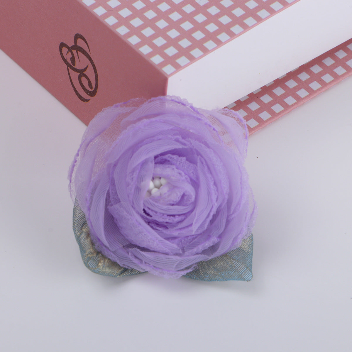 Organza Rose Fabric Flower with Leaf Accent - Product Detail Photo 4