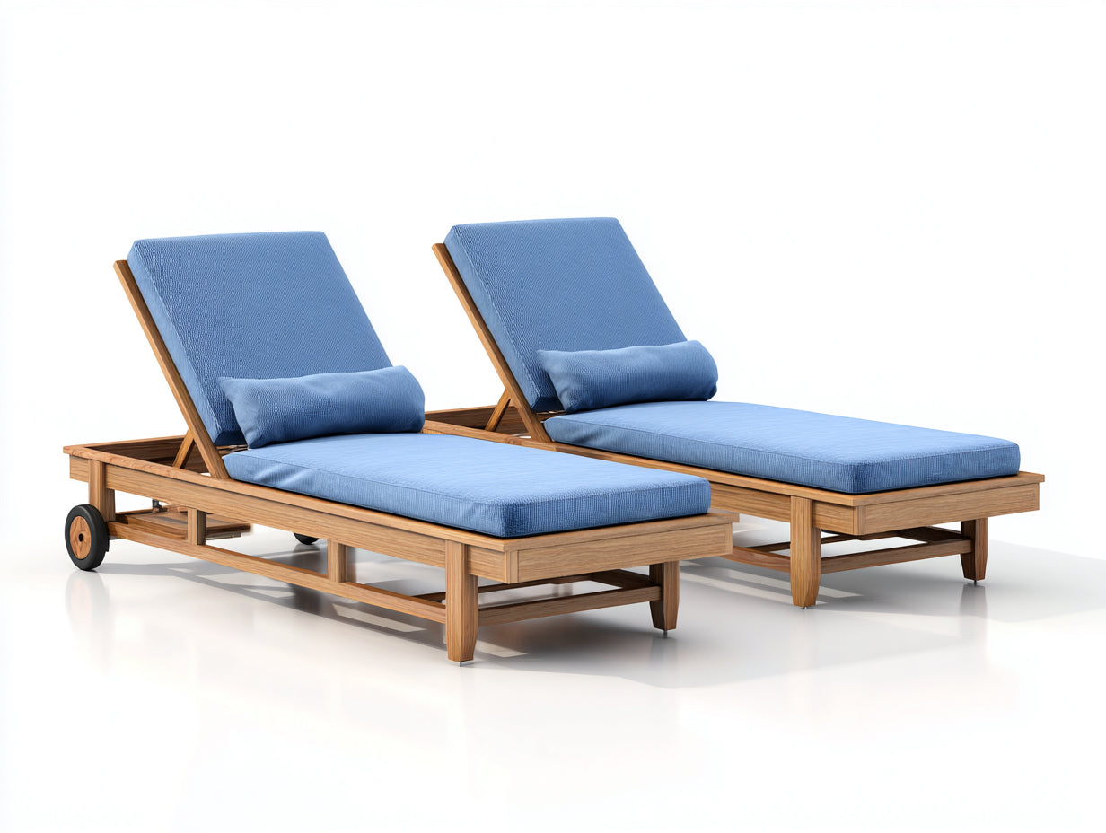 Tumbonas madera con ruedas y cojín 2 piezas 195x65x90 cm - madera-azul - diseño ajustable