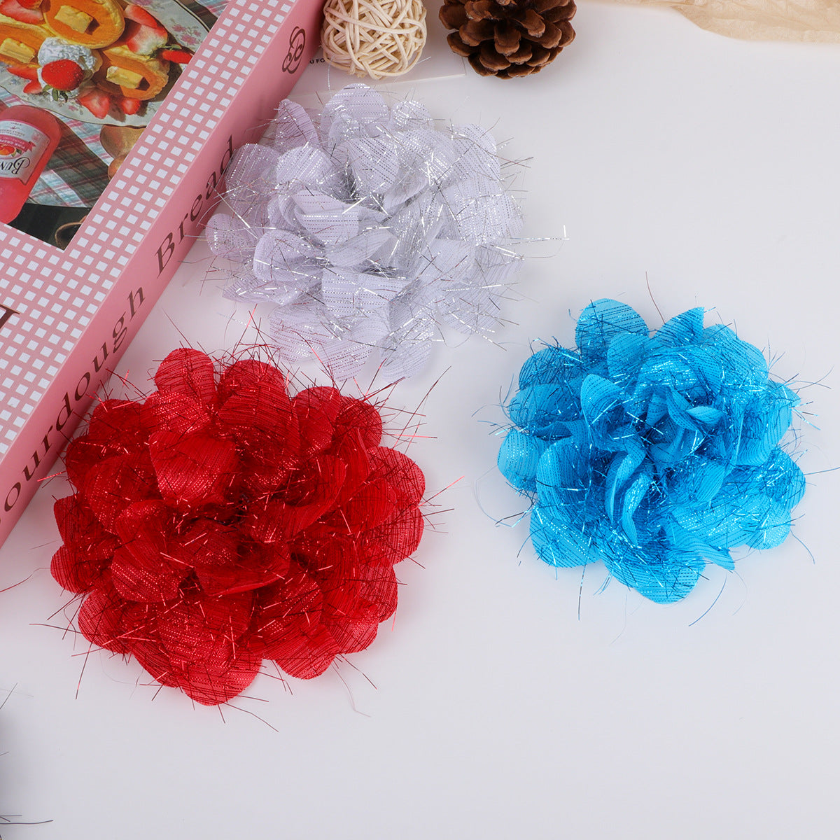 Tinsel Sparkle Ruffled Fabric Flower Applique - Rose Red 11CM
