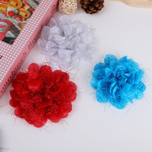 Tinsel Sparkle Ruffled Fabric Flower Applique - Rose Red 11CM