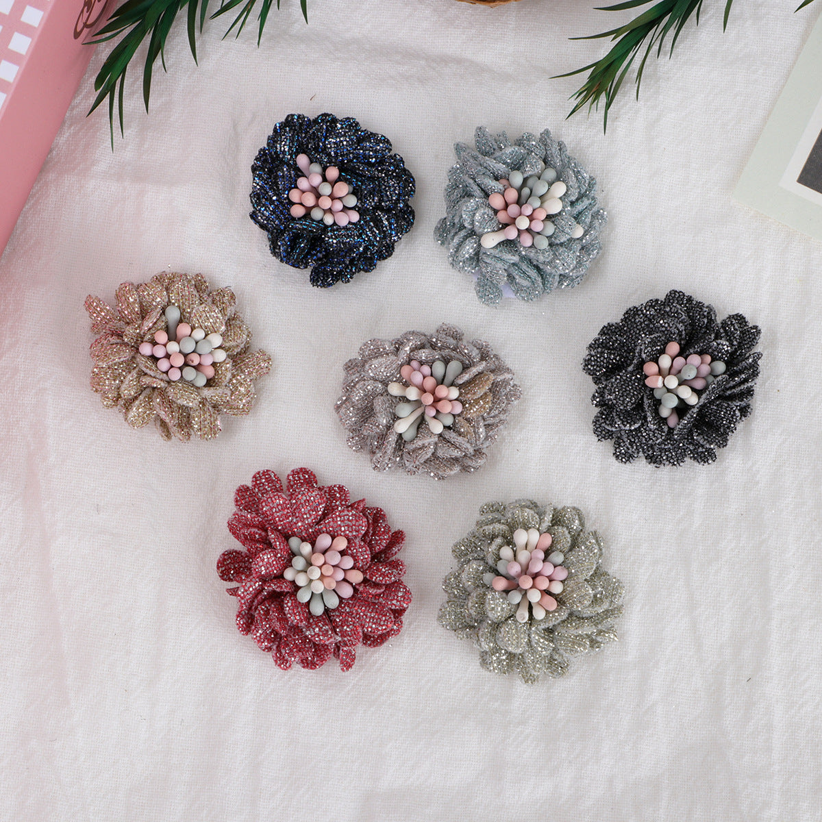 Sparkle Dahlia Fabric Flower with Bead Center - Red 3cm