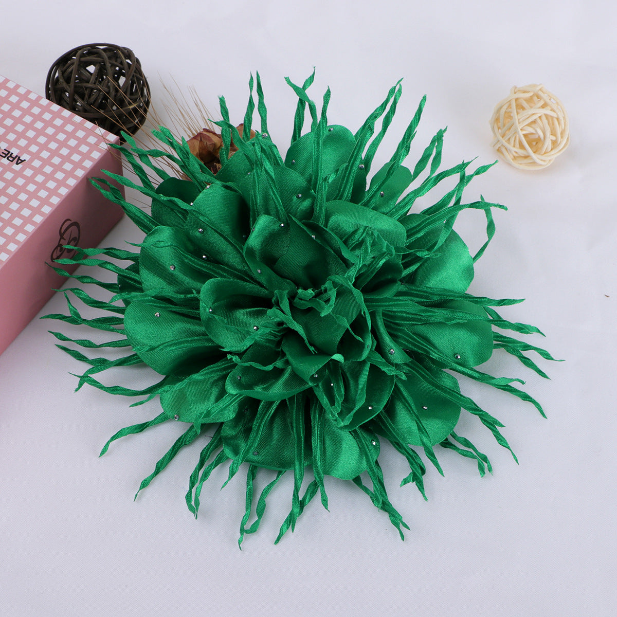 Spike Petal Pom Fabric Flower with Beads - Blue 18CM