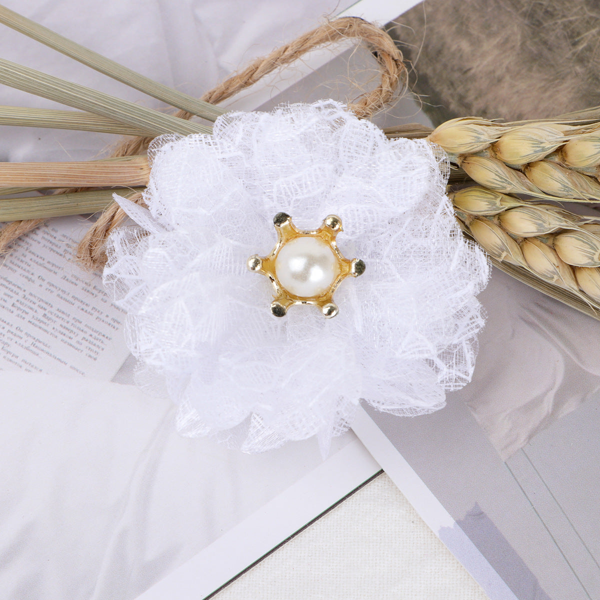 Lace Mesh Fabric Flower with Pearl Center - Yellow 5CM