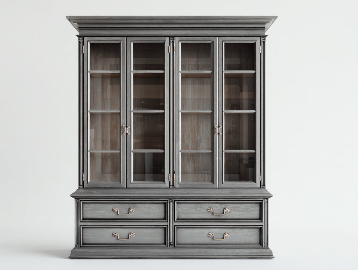 Vitrinas de madera y vidrio 160x45x200 cm - gris - diseño clásico con 4 puertas y 4 cajones