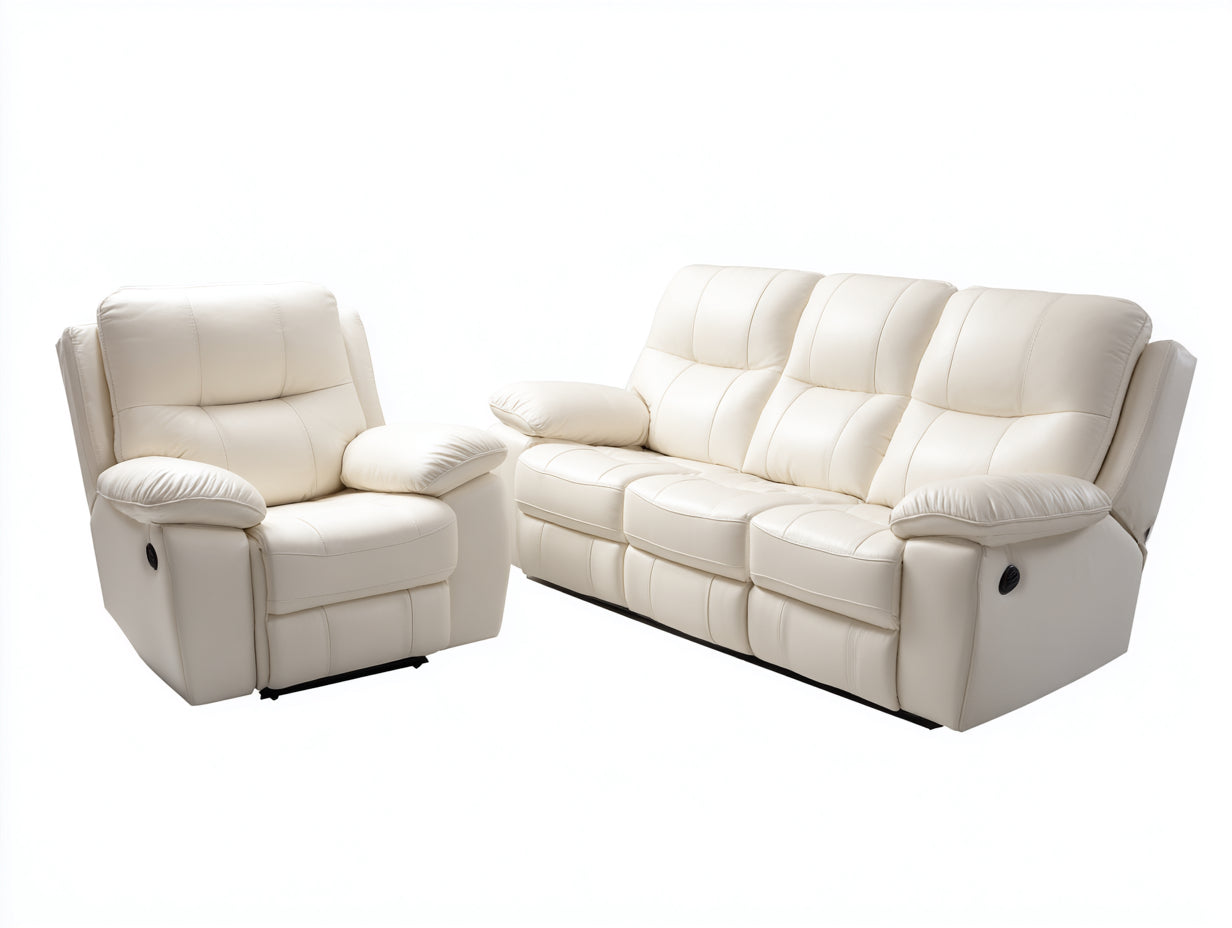 Conjunto de sofás reclinables de cuero sintético 210x90x100 cm - Crema - 3 plazas y 1 plaza - Diseño moderno