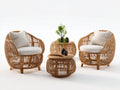 Conjunto de muebles de jardín de ratán 2 sillones 75x75x75 cm y mesas 60x60x40 cm 45x45x45 cm - Madera natural y cojines blancos - Estilo natural