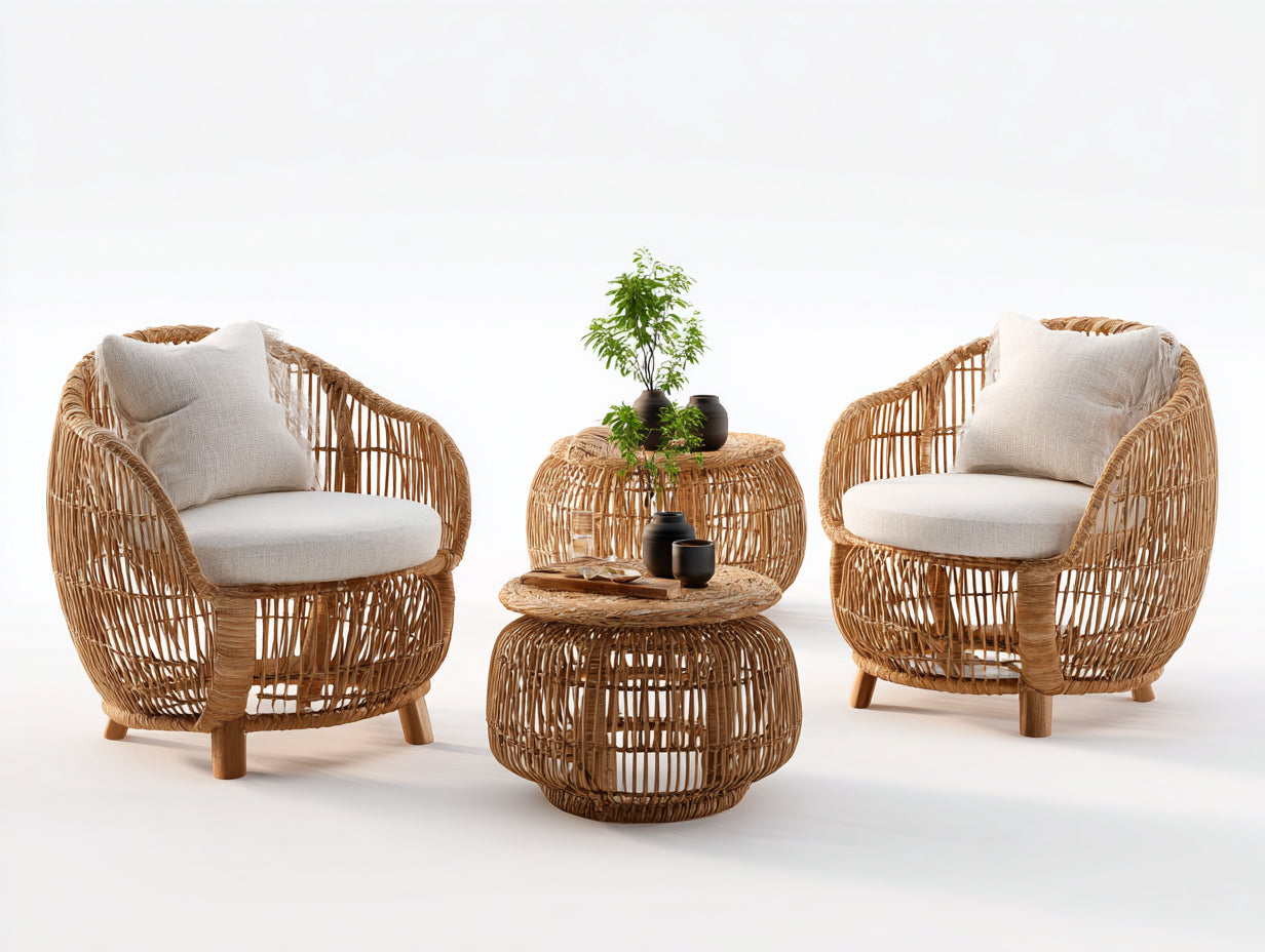 Conjunto de muebles de jardín de ratán 2 sillones 75x75x75 cm y mesas 60x60x40 cm 45x45x45 cm - Madera natural y cojines blancos - Estilo natural