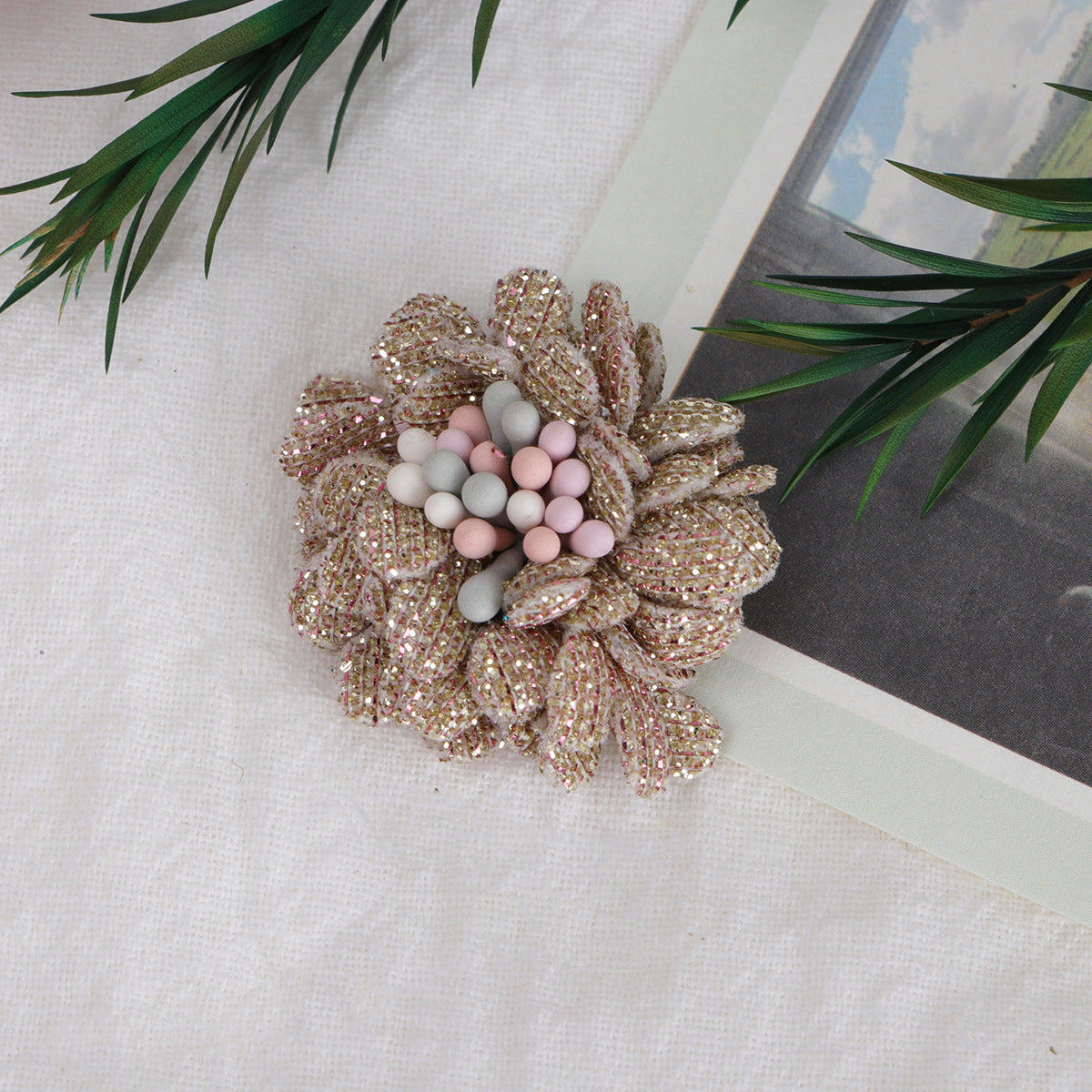 Sparkle Dahlia Fabric Flower with Bead Center - Product Detail Photo 3