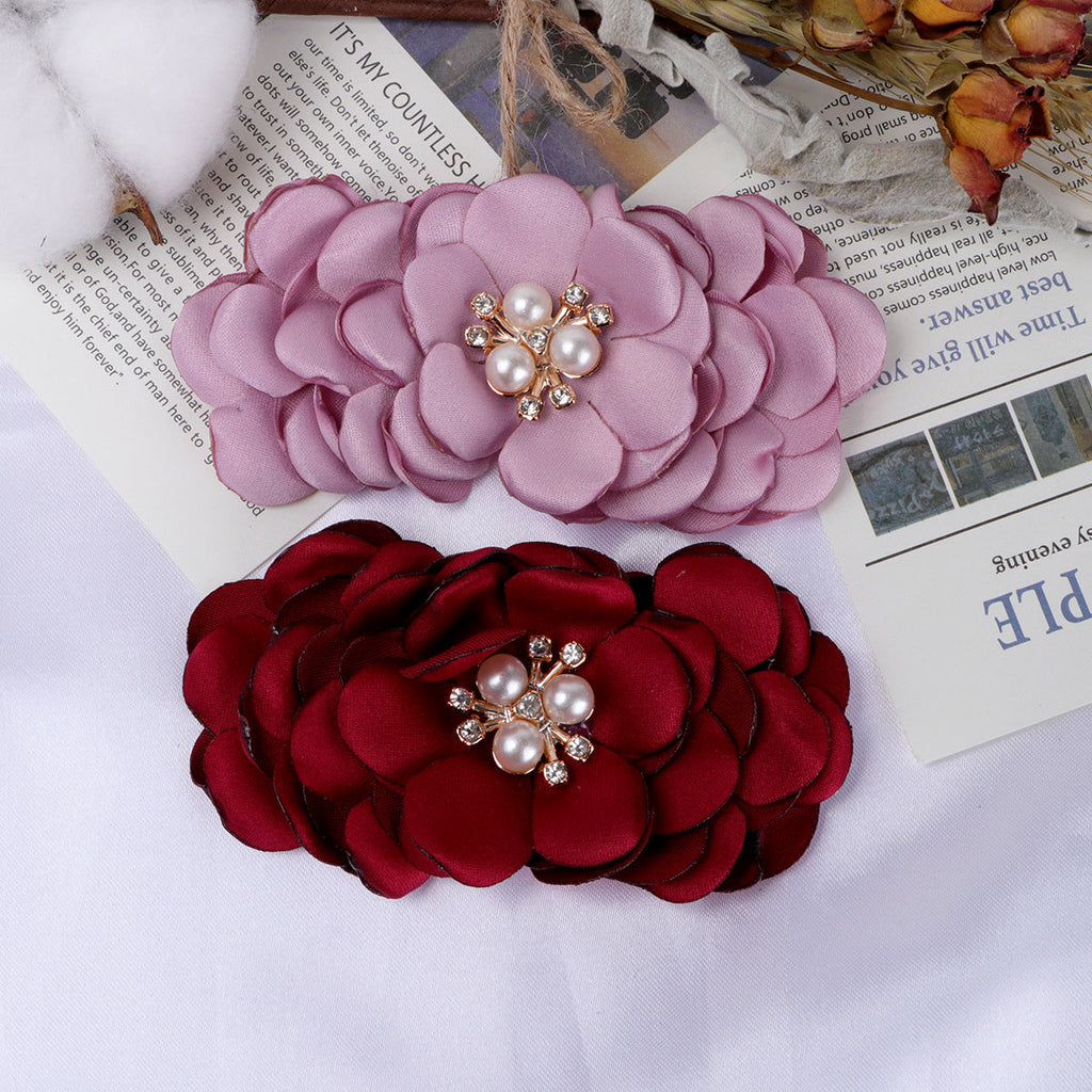 Layered Fabric Flower with Pearl Brooch Center - Beige 8.5CM