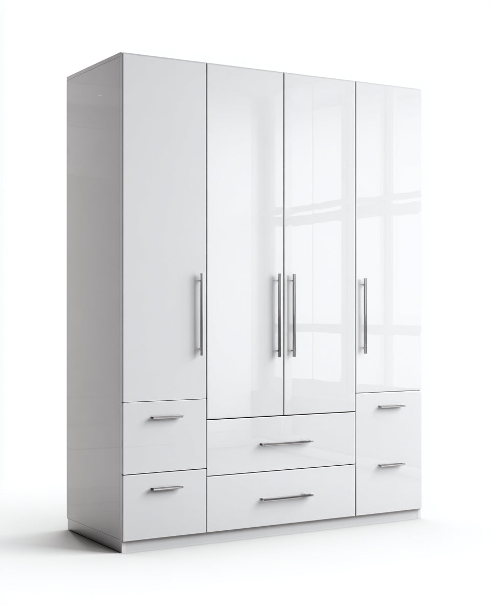 Armarios de cuatro puertas 180x60x200 cm madera MDF blanco con 4 puertas y 6 cajones - diseño moderno