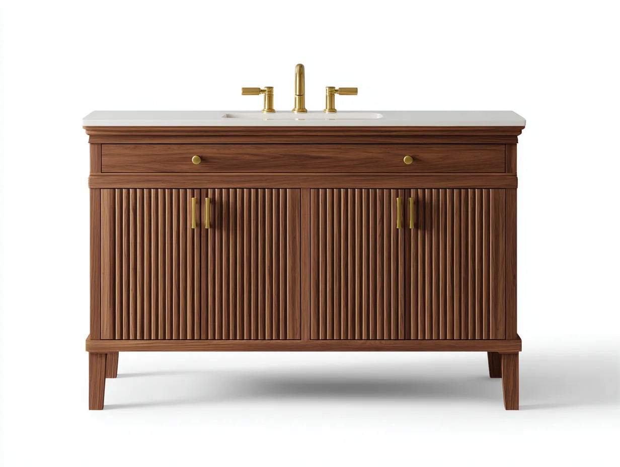 Lavabo con mueble 122x54x87 cm - madera nogal y encimera blanca - puertas acanaladas