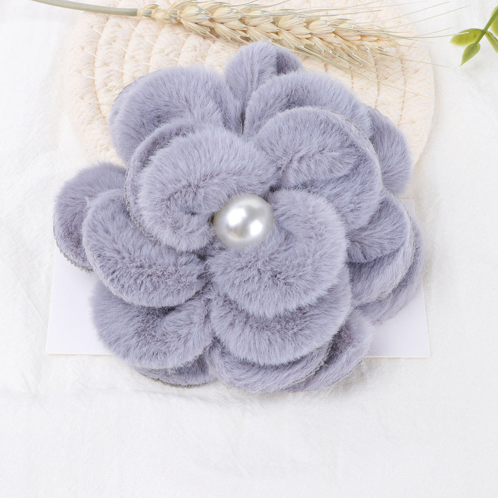 Plush Velvet Camellia Fabric Flower with Pearl - Product Detail Photo 1