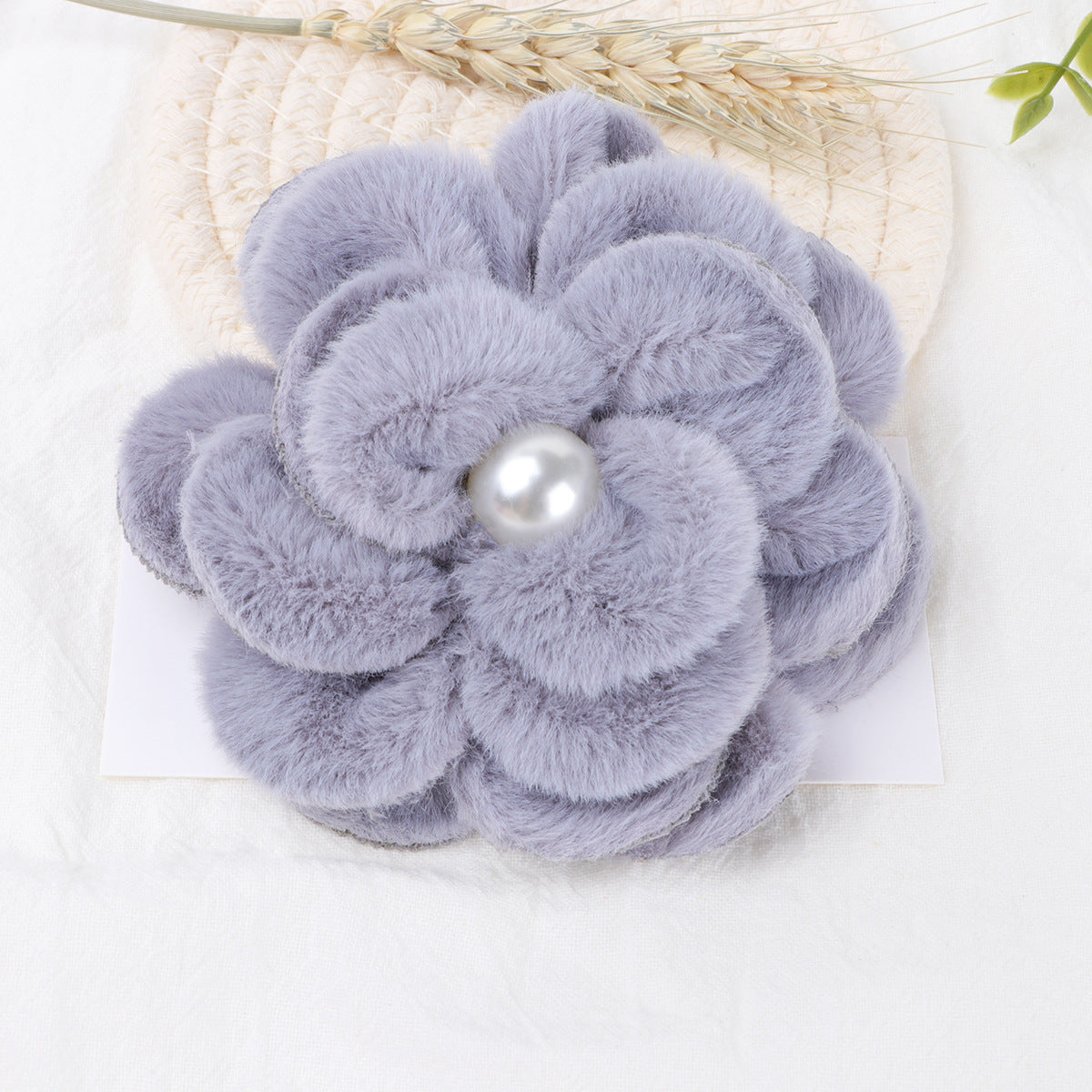 Plush Velvet Camellia Fabric Flower with Pearl - Product Detail Photo 1