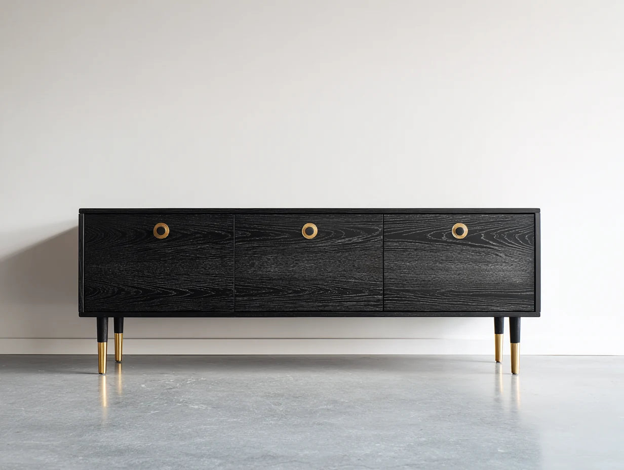 Mueble recibidor madera 160x40x65 cm negro y dorado - diseño moderno con puertas