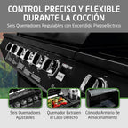 Amig - Barbacoa de gas Fireplus 6+1 de 12,9 kW - Acero inoxidable Negro - Parrilla con ruedas Modelo GRILL-6F - Barbacoa XXL con carro y termómetro - 138x52x103 cm - 7 quemadores y Bandeja lateral