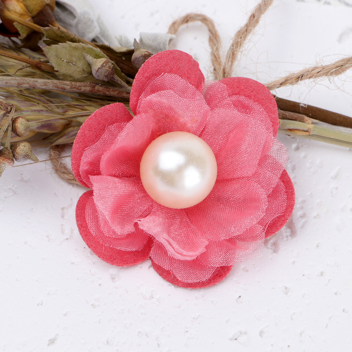 Pearl Center Mesh Fabric Flower Applique - Rose Red 5CM