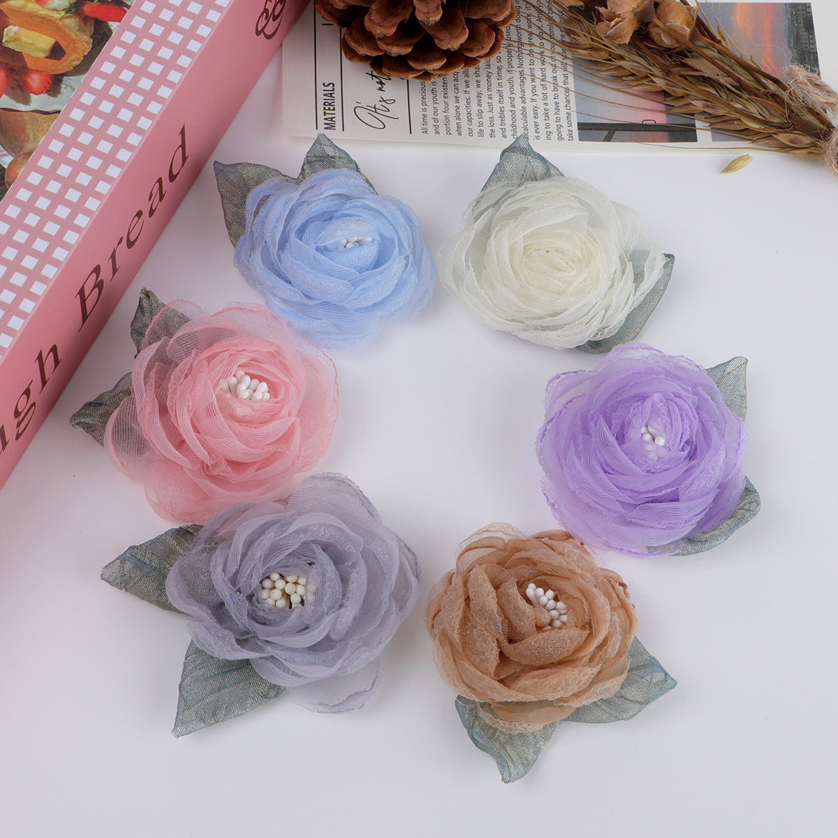 Organza Rose Fabric Flower with Leaf Accent - Pink 5.5CM