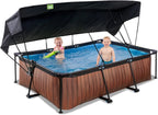 EXIT Toys Wood Pool con Toldo Solar - 220x150x65cm - Piscina de Marco Rectangular Compacta con Bomba de Filtro de Cartucho - Protección UV Óptima - Fácil Acceso - Diseño Único - Marrón