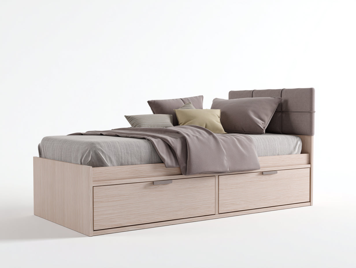 Camas individuales 200x100x95 cm - madera clara con 2 cajones - cabecero tapizado - diseño moderno