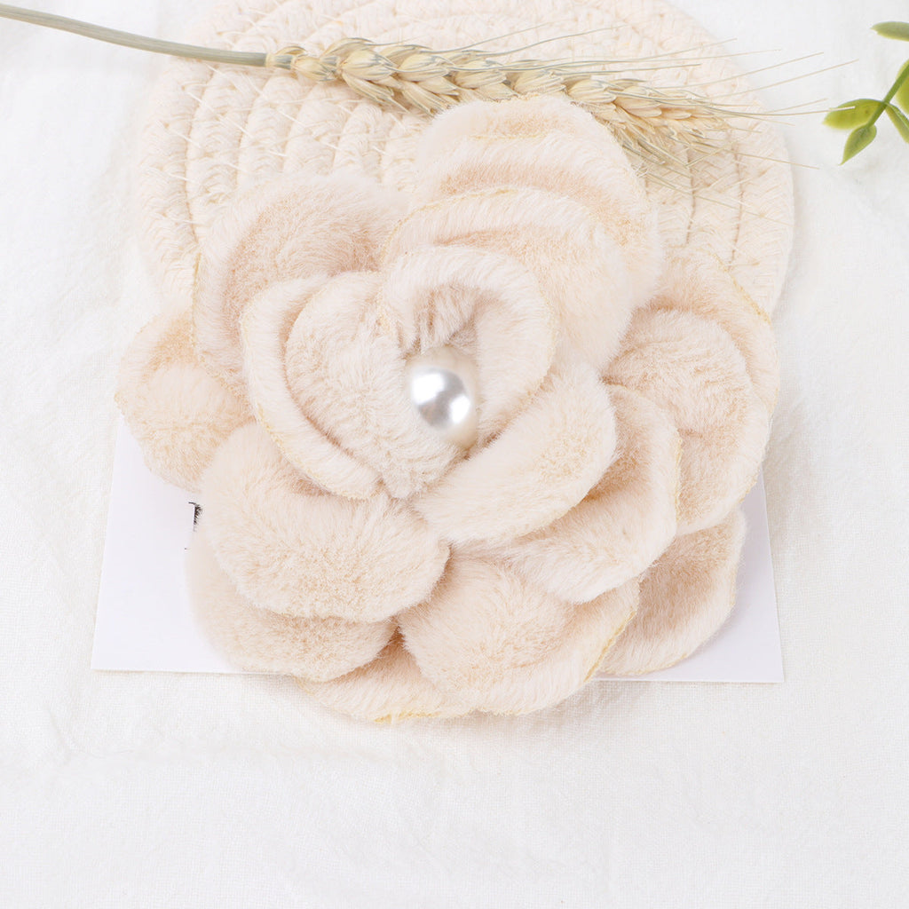 Plush Velvet Camellia Fabric Flower with Pearl - Black 10CM
